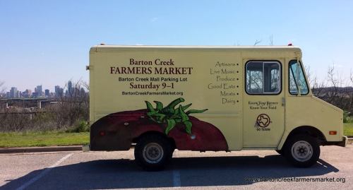 A yellow food truck with a large beet illustration, advertising the Barton Creek Farmers Market on Saturdays.