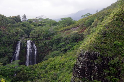 A lush green landscape featuring a waterfall cascading down rocky cliffs, surrounded by dense foliage and misty mountains.