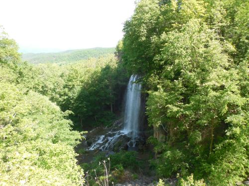 A serene waterfall cascading down rocky terrain, surrounded by lush green trees and a distant mountain view.