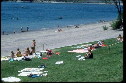 A sunny beach scene with people relaxing on towels, children playing, and boats in the water.
