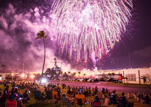 Crowd watching a vibrant fireworks display over a harbor at night, with palm trees and city lights in the background.