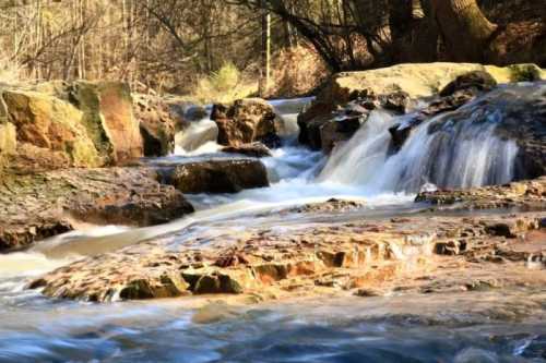 A serene stream flows over rocky terrain, surrounded by trees and natural scenery.