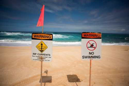 Two warning signs on a beach: one for rip currents and another prohibiting swimming, with ocean waves in the background.