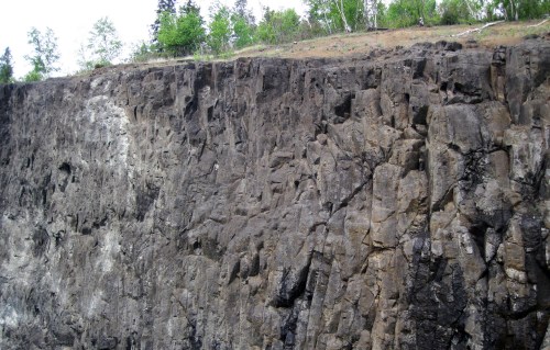 A rugged rock cliff with a mix of dark and light stone, surrounded by greenery at the top.