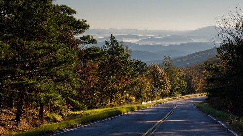 A winding road through lush trees, with misty mountains and valleys in the background under a clear sky.