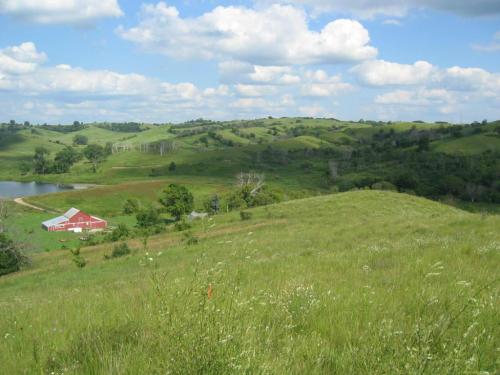 A scenic landscape featuring rolling green hills, a red barn, and a calm pond under a partly cloudy sky.