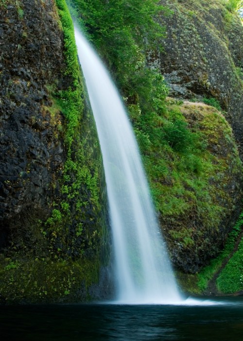 A serene waterfall cascading down a rocky cliff, surrounded by lush greenery and a calm pool below.