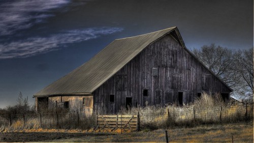 A weathered barn stands in a field, surrounded by tall grass and trees, under a dramatic sky.