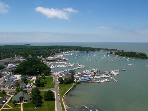 Aerial view of a marina with boats, surrounded by green trees and a calm lake under a clear blue sky.