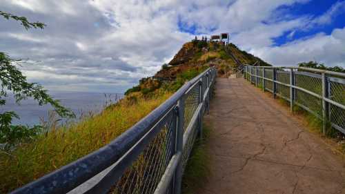 A winding path leads up a grassy hill with a lookout tower against a cloudy sky and ocean in the background.