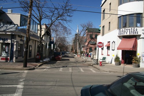 A street view featuring shops, trees, and a variety store on a clear day, with parked cars and power lines visible.