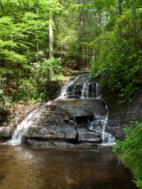 A serene waterfall cascades over rocky steps, surrounded by lush green trees and foliage.
