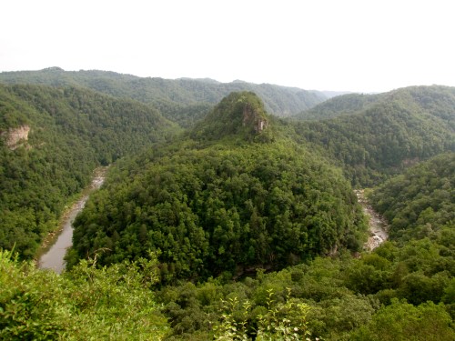 A lush green landscape featuring a prominent hill surrounded by dense forests and a winding river below.