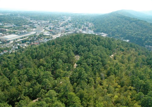 Aerial view of a lush green forested hill overlooking a city and distant mountains under a hazy sky.