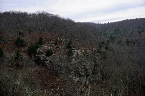 A rocky cliff surrounded by bare trees and sparse greenery under a cloudy sky.