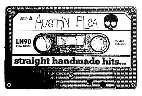 A vintage cassette tape labeled "Austin Flea" with a skull design and the text "straight handmade hits."