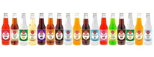 A variety of colorful soda bottles lined up, featuring different flavors and labels.