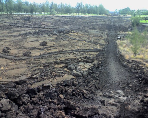 A barren landscape of hardened lava with rocky terrain and sparse vegetation under a clear sky.