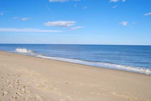 A serene beach scene with gentle waves lapping at the sandy shore under a clear blue sky.