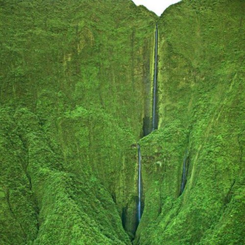 A lush green landscape featuring a tall waterfall cascading down a steep cliff surrounded by dense vegetation.