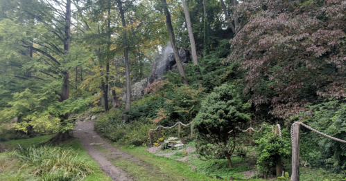 A winding path through a lush forest with trees, shrubs, and a rocky outcrop in the background.