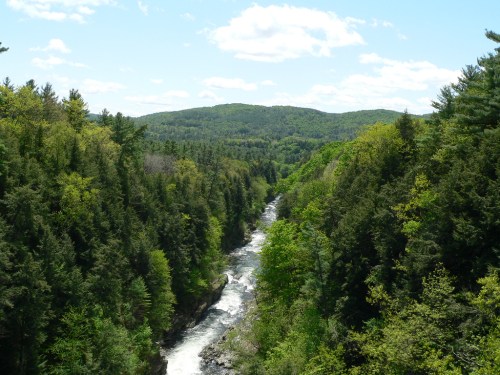 A scenic view of a river winding through lush green forests and rolling hills under a blue sky with fluffy clouds.