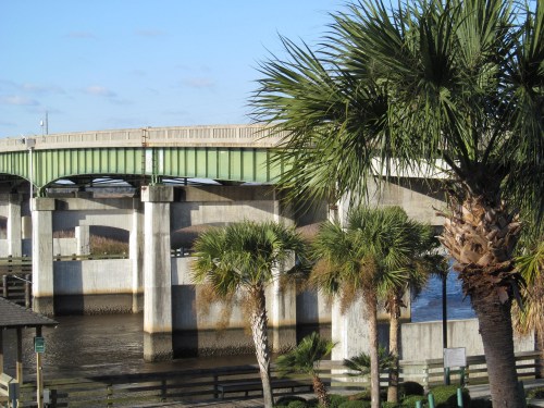 A green bridge spans over a river, surrounded by palm trees and a clear blue sky.