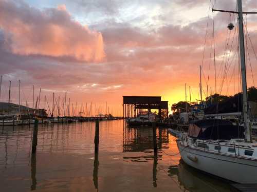 Sunset over a calm marina, with sailboats docked and colorful clouds reflecting on the water.