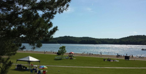 A sunny beach scene with people swimming, a grassy area, and a tent under a clear blue sky.