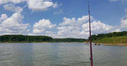 A fishing rod stands by a calm river surrounded by lush green hills and fluffy clouds in a blue sky.
