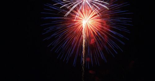 A vibrant firework explodes in the night sky, displaying red, white, and blue colors against a dark background.
