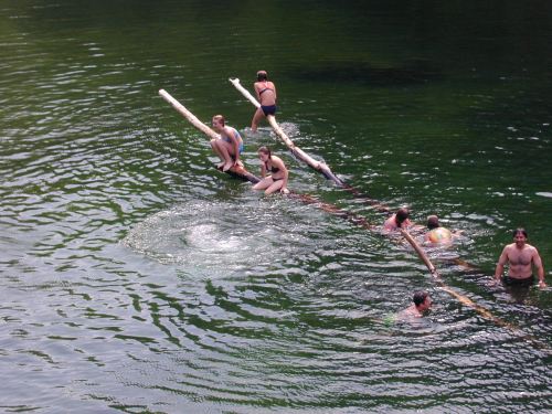 A group of people swimming and balancing on logs in a calm, green lake on a sunny day.