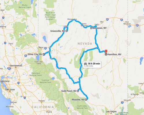 Map showing a route through Nevada, highlighting cities like Hamilton, Rhyolite, and Unionville, with a total distance of 1,100 miles.