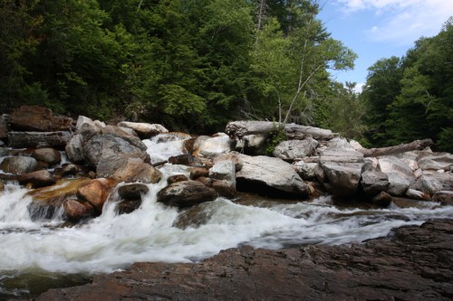 A serene river flows over rocks, surrounded by lush green trees under a partly cloudy sky.