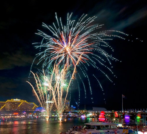 Colorful fireworks burst over a waterfront, illuminating the night sky and reflecting on the water below.