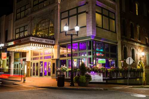 A brightly lit theater entrance at night, featuring colorful lights and flower planters, with a street lamp nearby.