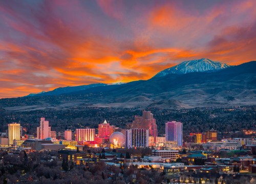 Reno Nevada skyline with Sierra Nevada mountains