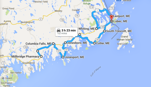 Map showing a route from Eastport, ME, to Lubec, ME, covering 152 miles with a travel time of 3 hours and 23 minutes.