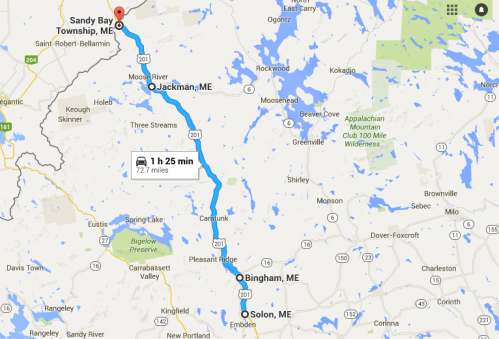 Map showing a route from Sandy Bay Township to Jackman, ME, with a travel time of 1 hour and 25 minutes over 72.1 miles.
