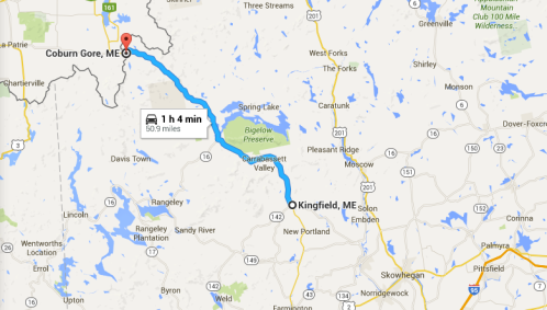 Map showing a route from Coburn Gore, ME to Kingfield, ME, with a travel time of 1 hour and 4 minutes over 50.9 miles.