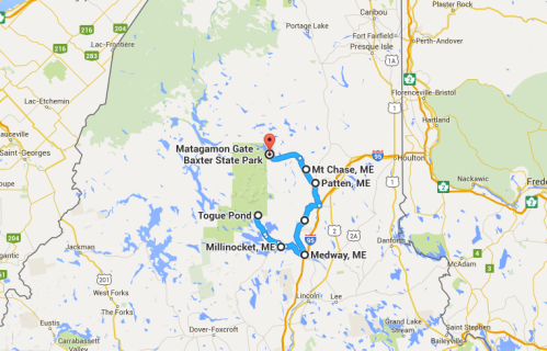 Map showing routes to Matagamon Gate in Baxter State Park, Maine, with nearby towns and water bodies marked.