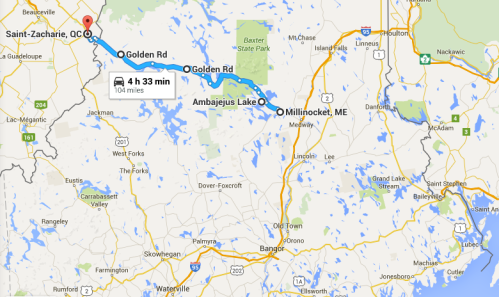 Map showing a route from Saint-Zacharie, QC, to Ambajejus Lake, ME, highlighting roads and travel time of 4 hours 33 minutes.