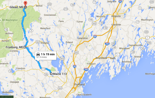 Map showing a route from Gilead, ME to Fryeburg, ME, highlighting a 1 hour 19 minute drive over 57.3 miles.