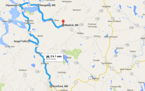 Map showing a route from Rumford, ME to Madrid, ME, highlighting a distance of 64.8 miles and an estimated travel time of 2 hours.