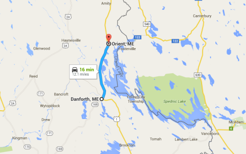Map showing directions from Danforth, ME to Orient, ME, highlighting a 16-minute drive over 12.1 miles.