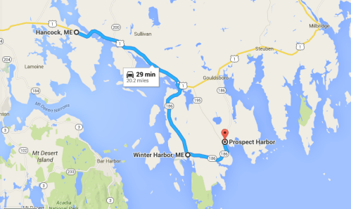Map showing a route from Hancock, ME to Prospect Harbor, ME, with a travel time of 29 minutes over 20.2 miles.