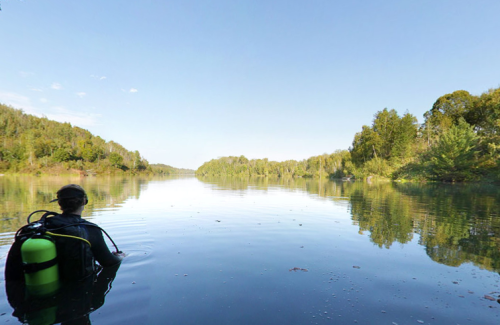 A diver in a wetsuit enters a calm river surrounded by lush greenery under a clear blue sky.