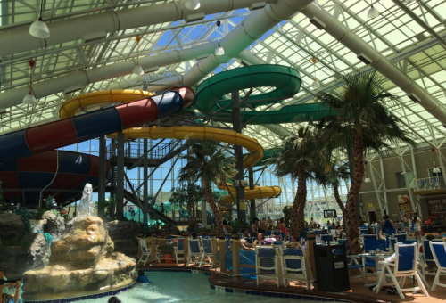 Indoor water park featuring colorful water slides, palm trees, and a pool area with lounge chairs.