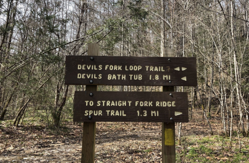 Wooden trail sign with directions to Devils Fork Loop Trail, Devils Bath Tub, and Straight Fork Ridge Spur Trail.
