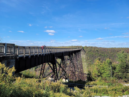 A long bridge spans a valley, surrounded by trees and a clear blue sky with scattered clouds.